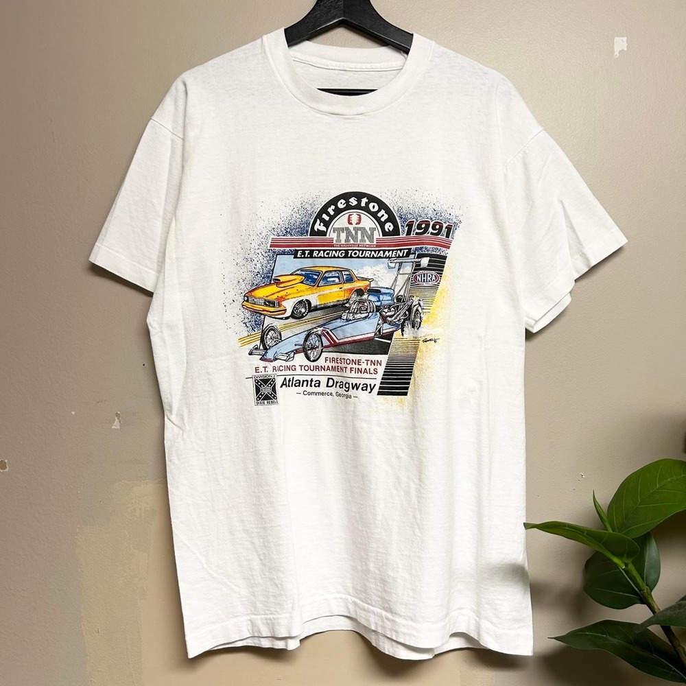 Vintage 90s Firestone Atlanta Dragway Racing Shirt 1991 TNN NHRA White Mens L